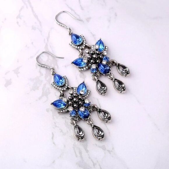 Blue Crystal Flower Silver Vintage Hook Dangle Statement Earrings - Picture 7 of 10